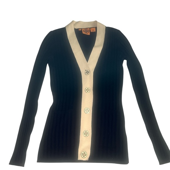 Tory Burch Sweaters - Tory Burch Wool Cardigan Sweater – Size Small – Black & Cream – Logo Buttons